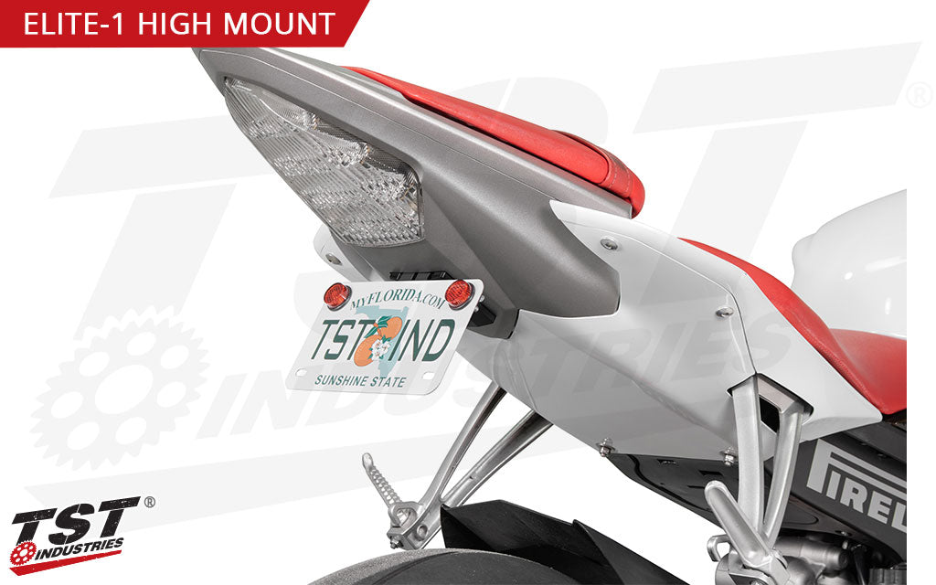 TST Industries Elite-1 Fender Eliminator tail tidy kit shown on the Yamaha R6.