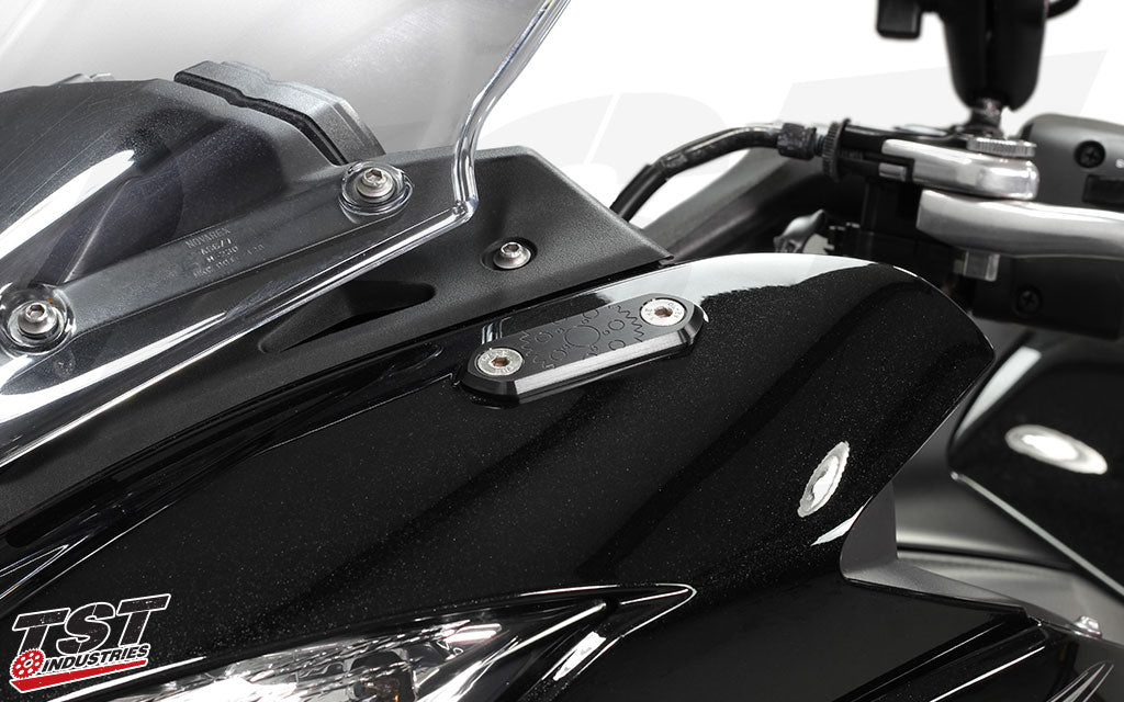 Secure your Ninja 650 upper fairing and improve the looks with our exclusive anodized TST Mirror Block Offs.