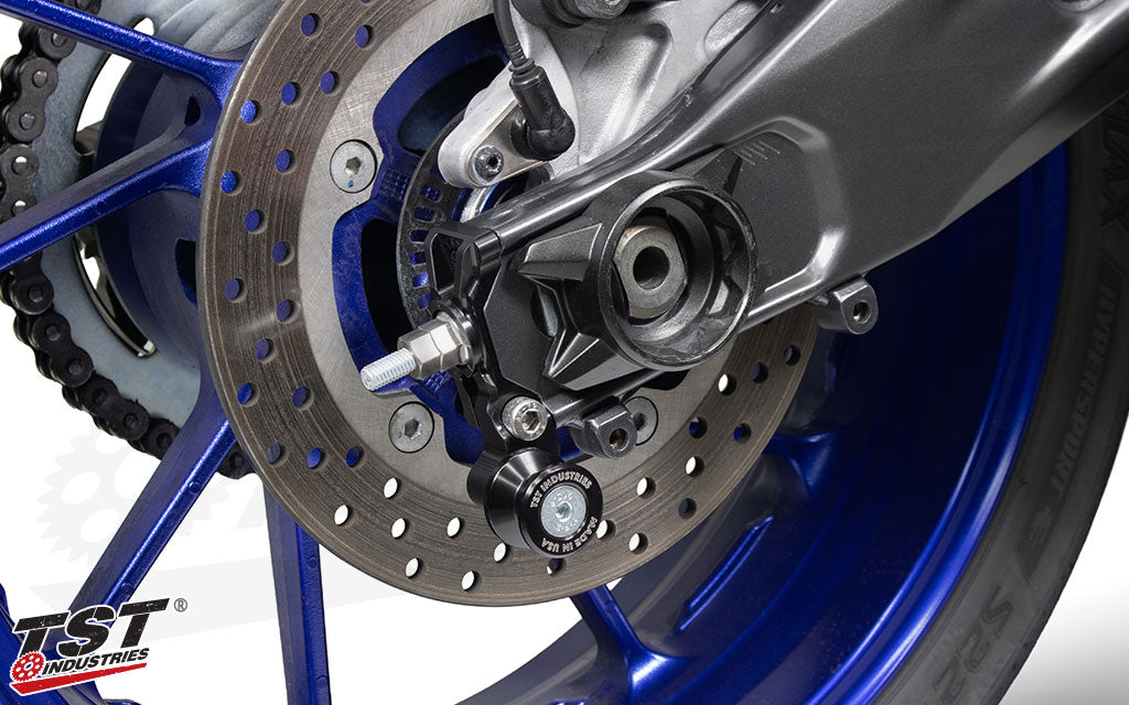 TST Spooled Captive Chain Adjusters installed on the 2022-2025 Yamaha R7.