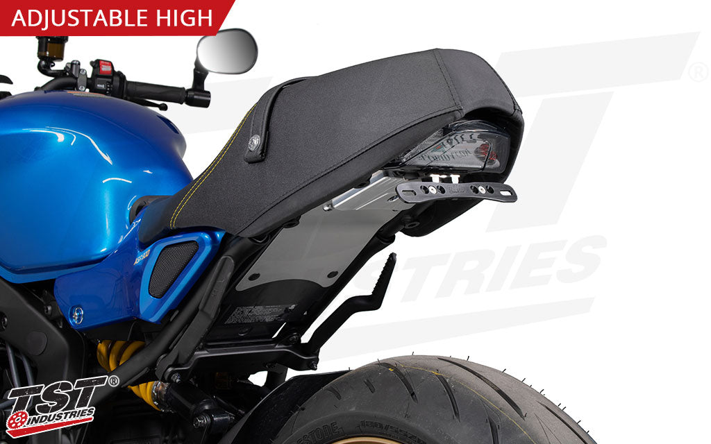 Features a CNC machined aluminum license plate bracket with a durable black anodized finish.