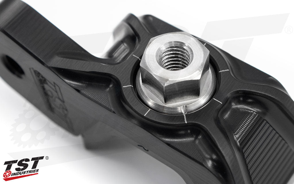 Notched stainess steel captive nut pairs with laser etched marks for easy-to-read adjustment reference.