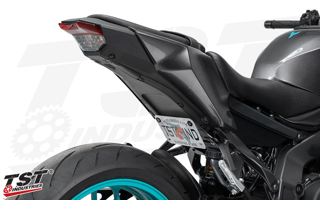 Place your 2024+ Yamaha MT-09 license plate in a low, tucked position under the seat.