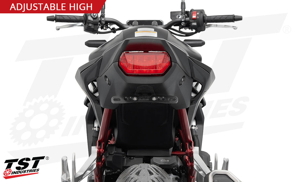 CNC machined aluminum adjustable liecense plate bracket is included in the TST Industries Adjustable High Mount Fender Eliminator for the 2025+ Honda CB750 Hornet.