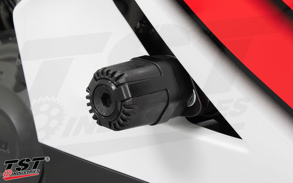 Alternatative view of the TST Industries Shock Absorbing Frame Sliders installed on the 2026 Yamaha YZF-R6.