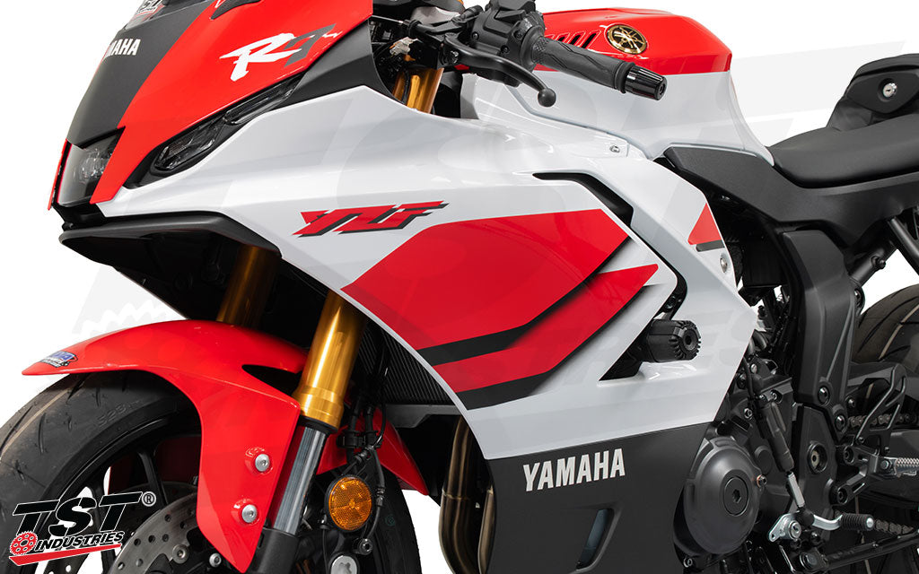 TST Industries Shock Absorbing Frame Sliders installed on the 2026 Yamaha YZF-R6.