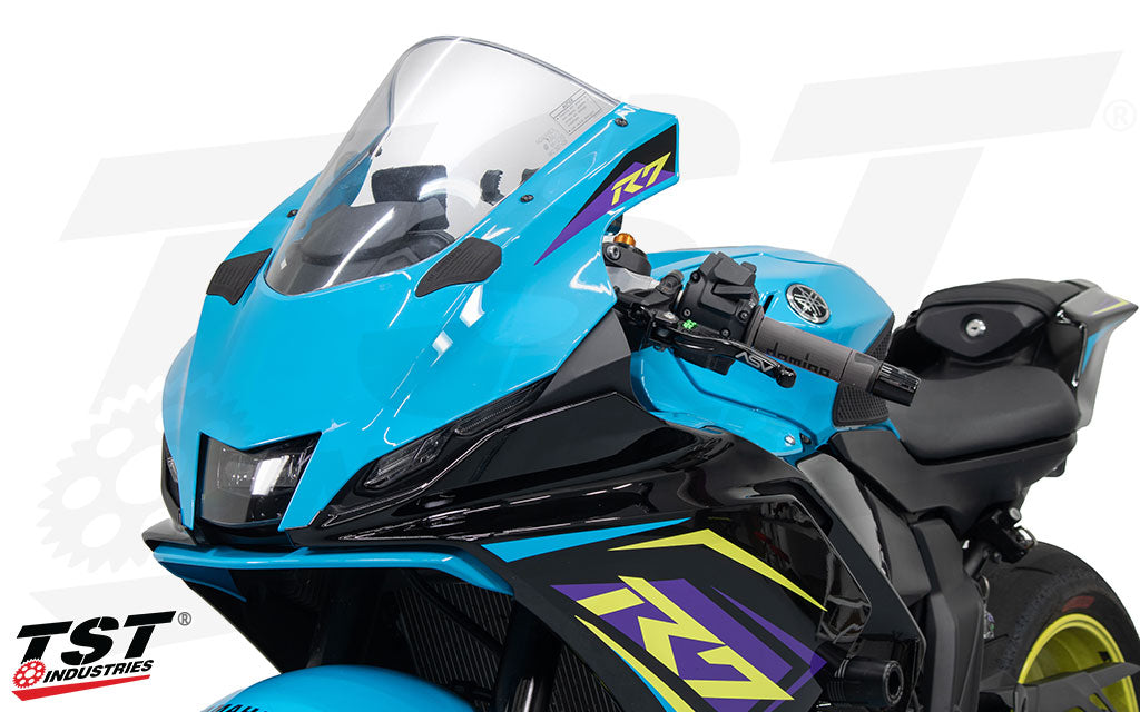 TST Industries mirror block off plates installed on the 2026+ Yamaha YZF-R7
