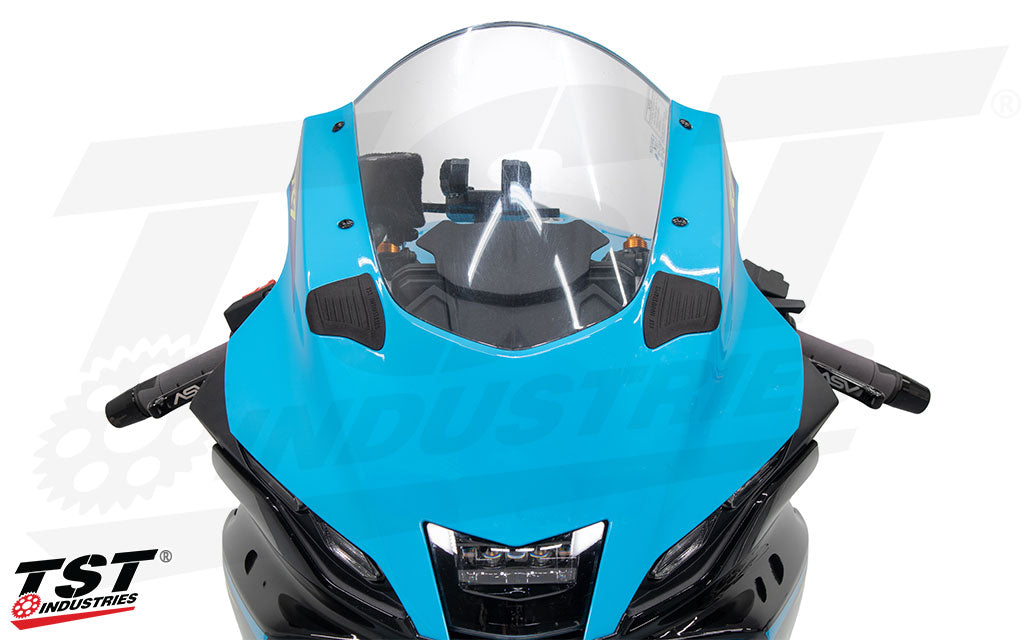Front view of the TST Industries mirror block off plates on the front fairing of the 2026+ Yamaha YZF-R7