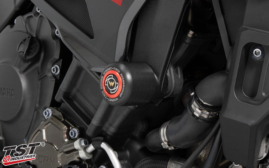 Womet-Tech Frame Sliders for Yamaha FZ-10 / MT-10 2016+ shown with Red Caps. (Red caps sold separately)