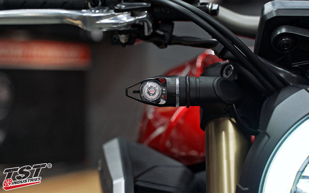 TST MECH-GTR LED Front Turn Signals installed on the 2019 Honda CB650R.