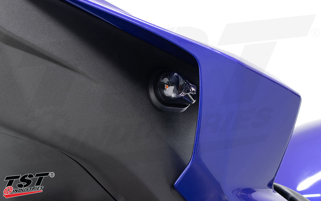 Close up of the TST Industries LED Rear Flushmount Turn Signals installed on the tail section of the Yamaha R3.