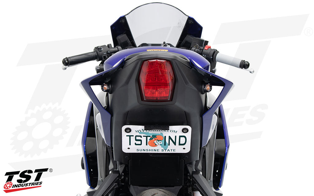 TST Industries LED Rear Flushmount Turn Signals installed on on the tail section of the 2025 Yamahah R3