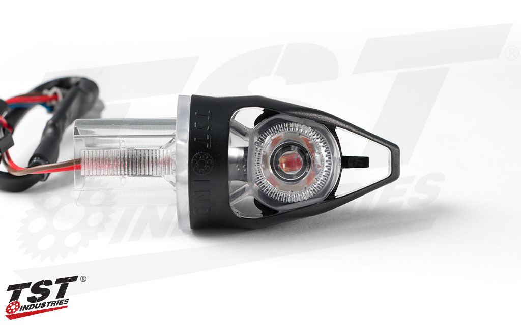 Clear lens with an aggressively styled housing sets these signals apart.