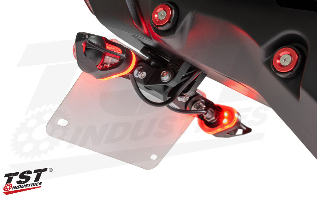 MECH-EVO Rear Signals installed with our Pod Signal License Plate Mounting Kit - sold separately.
