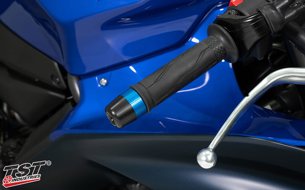 Yamaha Sportbike shown with Womet-Tech Bar Ends and Blue anodized rings.