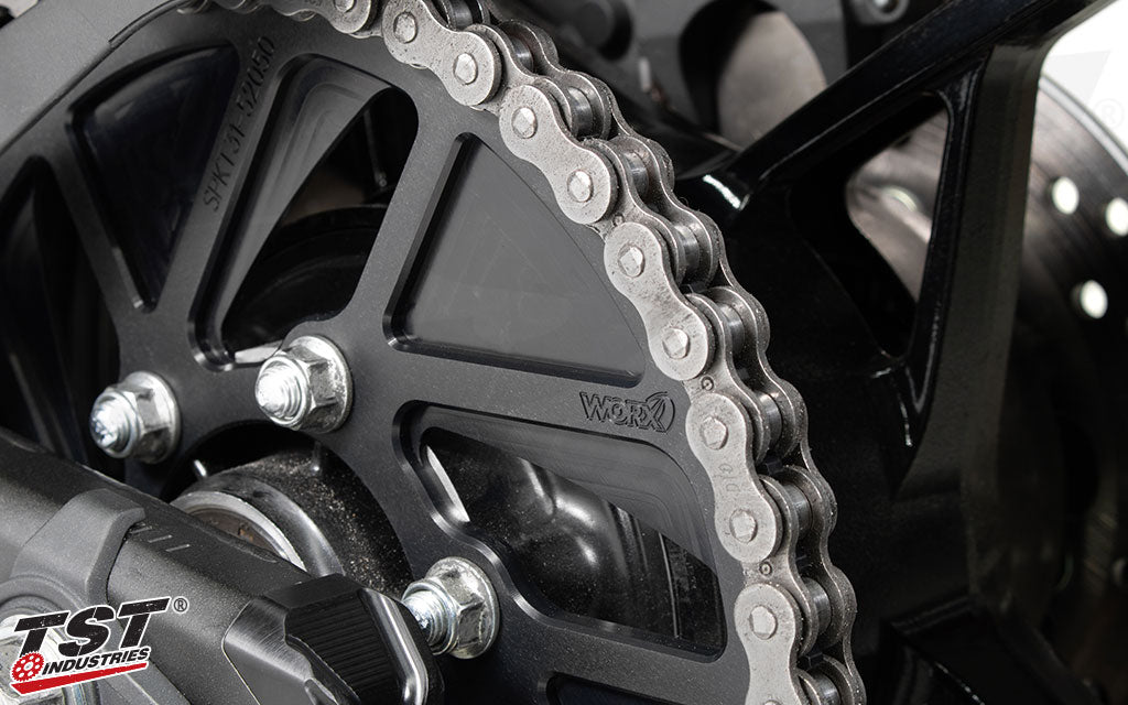 Upgrade your rear Kawasaki's drivetrain with a TST WORX lightweight aluminum rear sprocket.