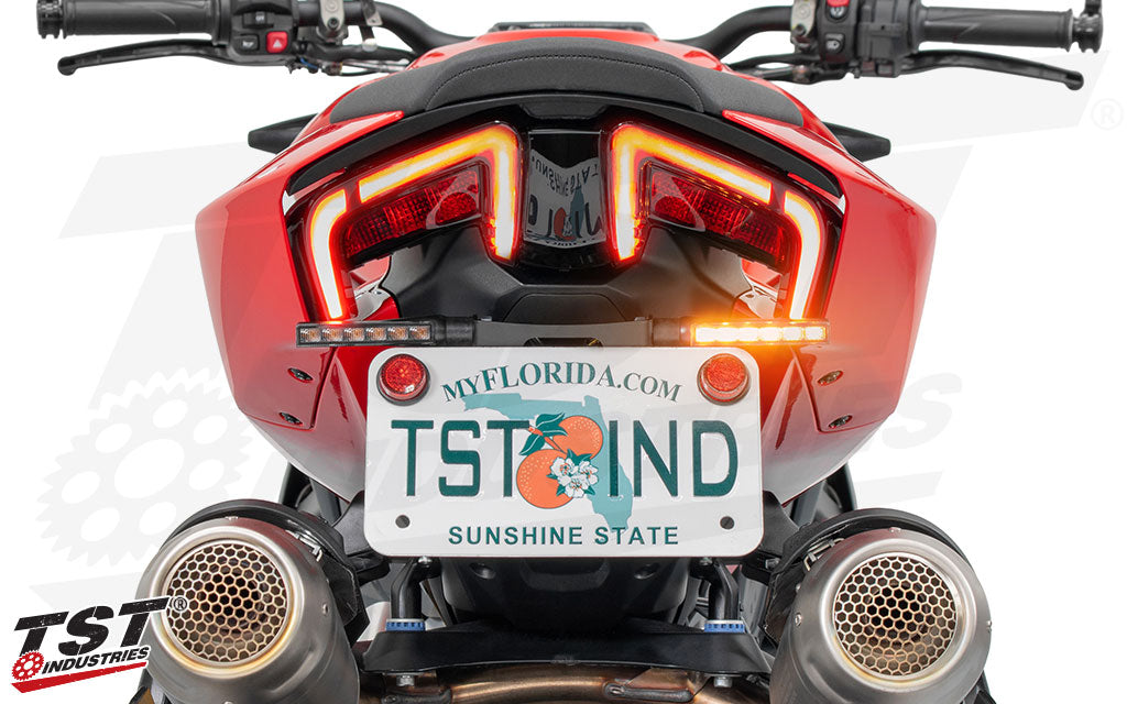 Bright sequential LEDs illuminate during turn signal activation.