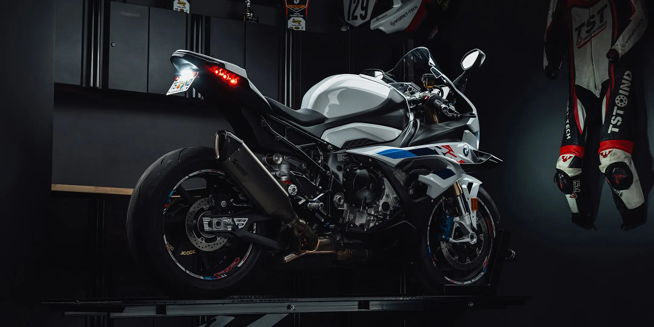 2023 BMW S1000R on a lift inside of the TST Industries studio displaying the TST In-Tail LED Integrated Tail Lights.