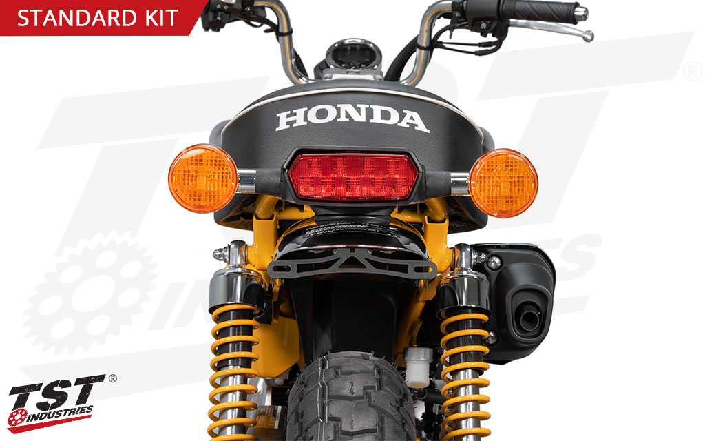 Standard license plate constructed from stainless steel with a black powder coat finish.