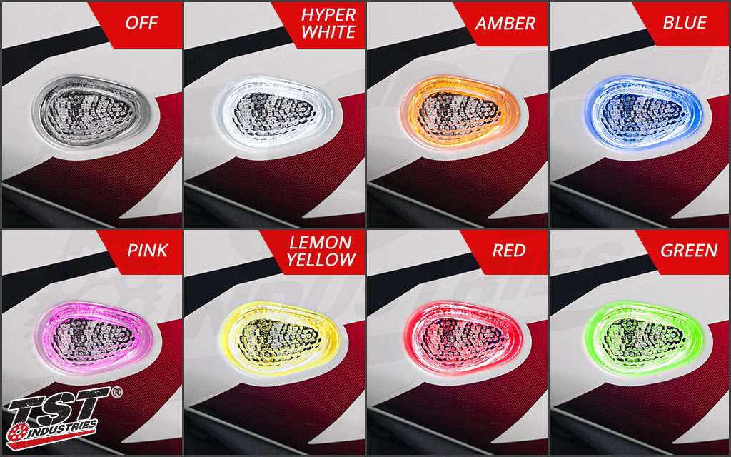 Available HALO glow colors shown on the smoke HALO-GTR Flushmount Turn Signals. (Smoke GTR Signals NOT included)