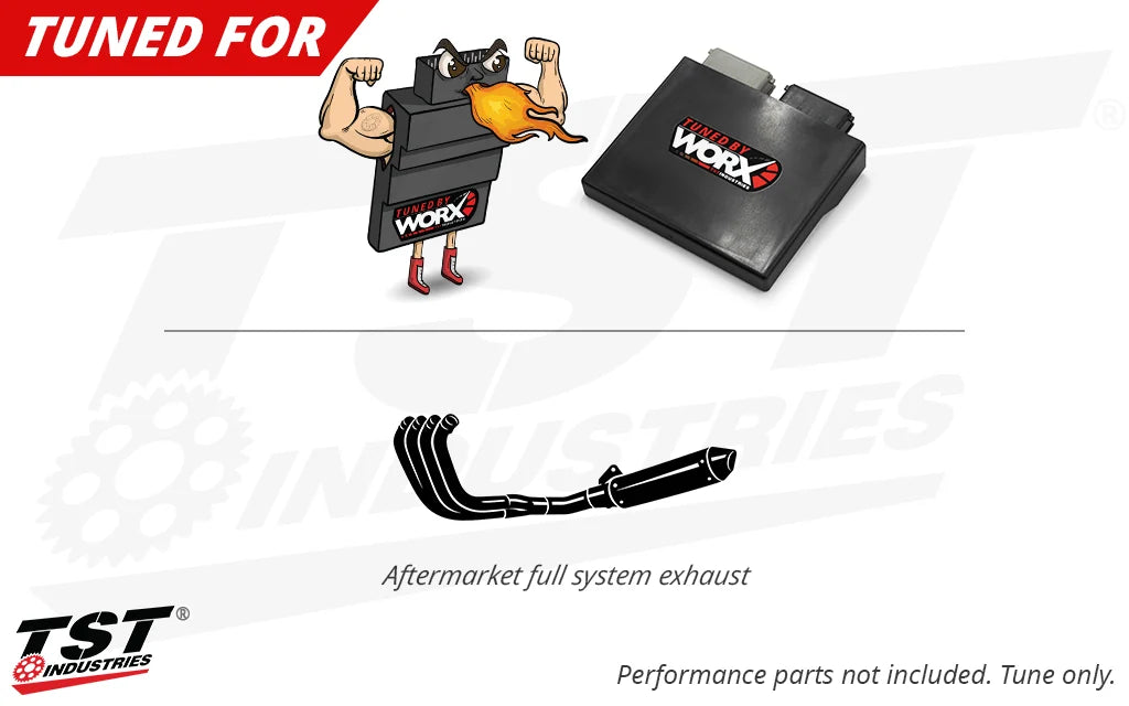 The TST WORX Performance ECU Tune for the 2024+ Kawasaki Ninja ZX-6R was specifcally tuned for a full system exhaust.