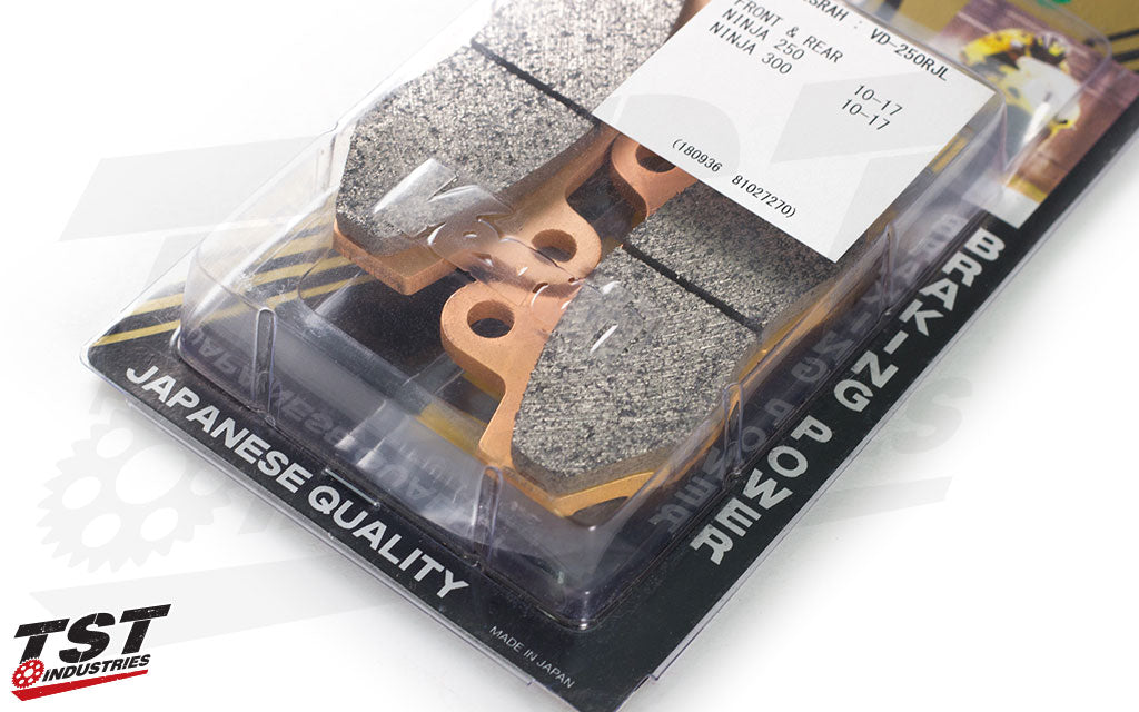 Improve the braking performance of your Kawasaki Ninja 250R or 300 on the street or track with the Vesrah RJL Brake Pads.