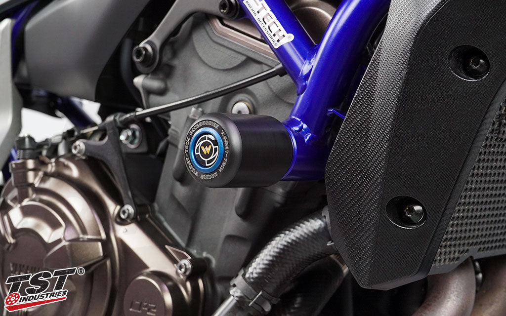 Protect your Yamaha MT-07 / FZ-07, XSR700, or R7 with the Womet-Tech Frame Sliders.