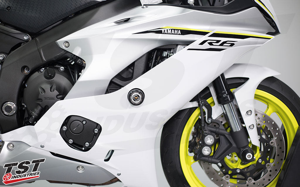 Womet-Tech Frame Sliders installed on the 2017 Yamaha YZF-R6.