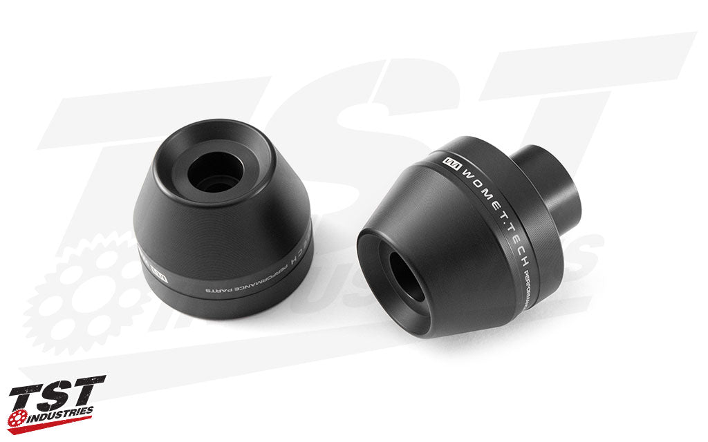 CNC machined delrin sliders help protect your fork, brake, and front wheel assemblies.