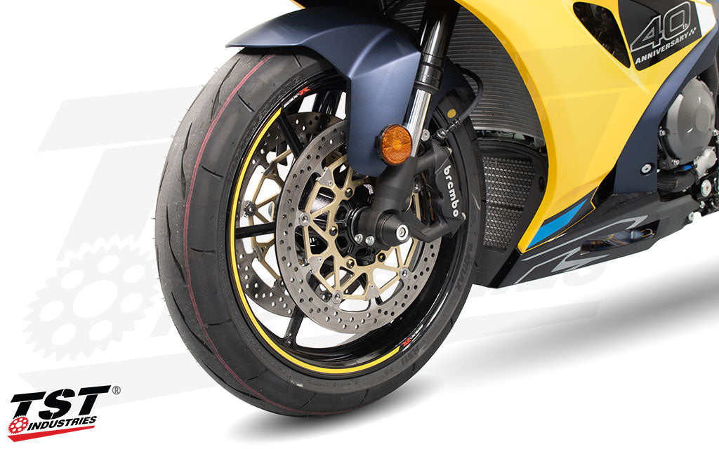 Womet-Tech Fork Slider Crash Protection installed on the Suzuki GSX-R1000.