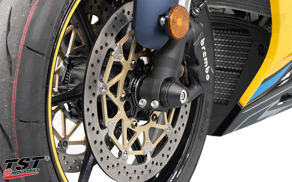Womet-Tech Fork Slider Crash Protection installed on the Suzuki GSX-R1000.