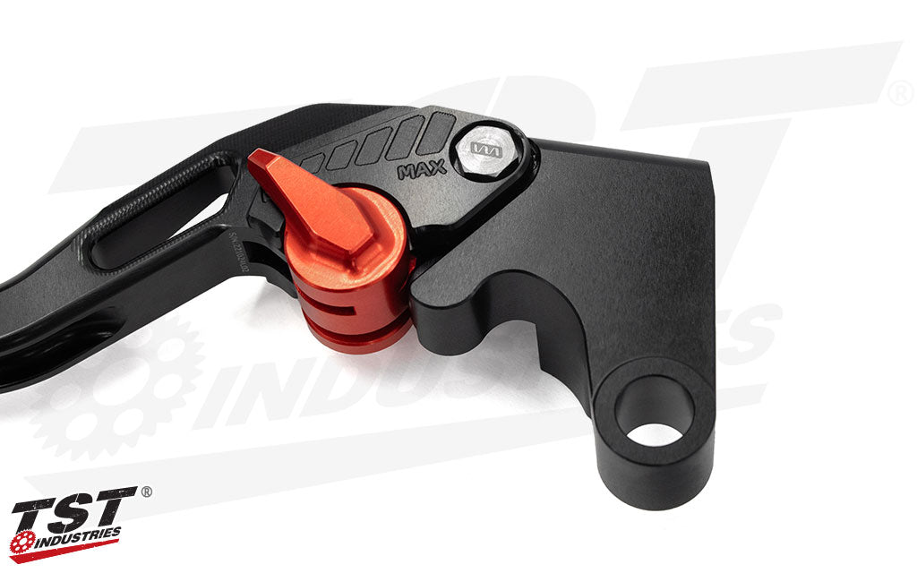 Anodized red adjuster enables 6 levels of adjustable lever pull distance.