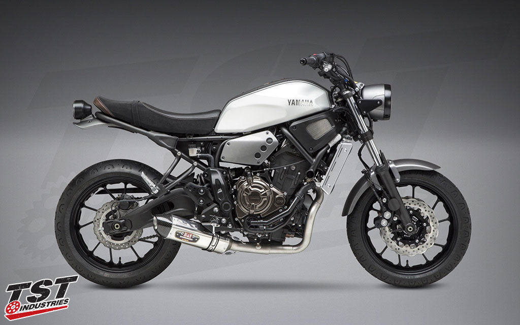 Yoshimura R-77 canister is available in stainless steel with a carbon fiber tip installed on the Yamaha XSR700.