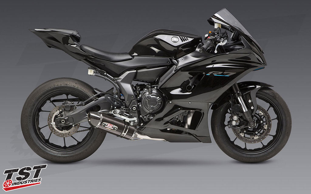 Yoshimura Race Series R-77 Full Exhaust System with Works Finish for the Yamaha FZ-07 / MT-07 / XSR700 / YZF-R7. (Carbon Fiber canister shown)