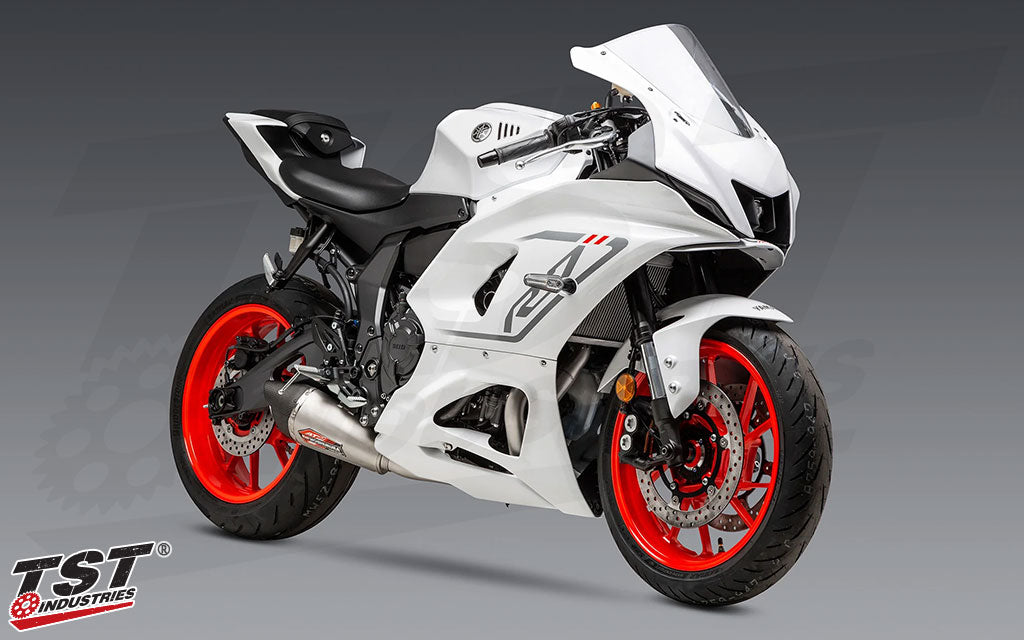Low mounted canister tucks the exhaust system under the lower cowl for better protection.