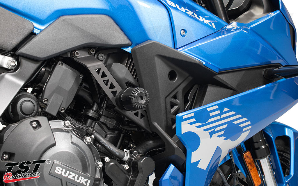 TST Shock Absorbing Frame Sliders installed on a Suzuki GSX-8R.