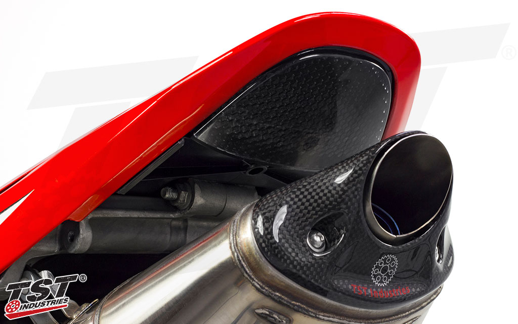 TST LED Integrated Tail Light for the CBR600RR shown featuring the smoked lens . (Carbon fiber exhaust tip sold separately)
