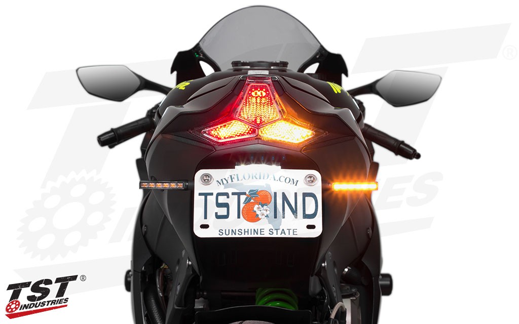 Shown with TST BL6 LED Pod Turn Signals, LED Integrated Tail Light, and Low-Profile LED License Plate Light. - Sold Separately