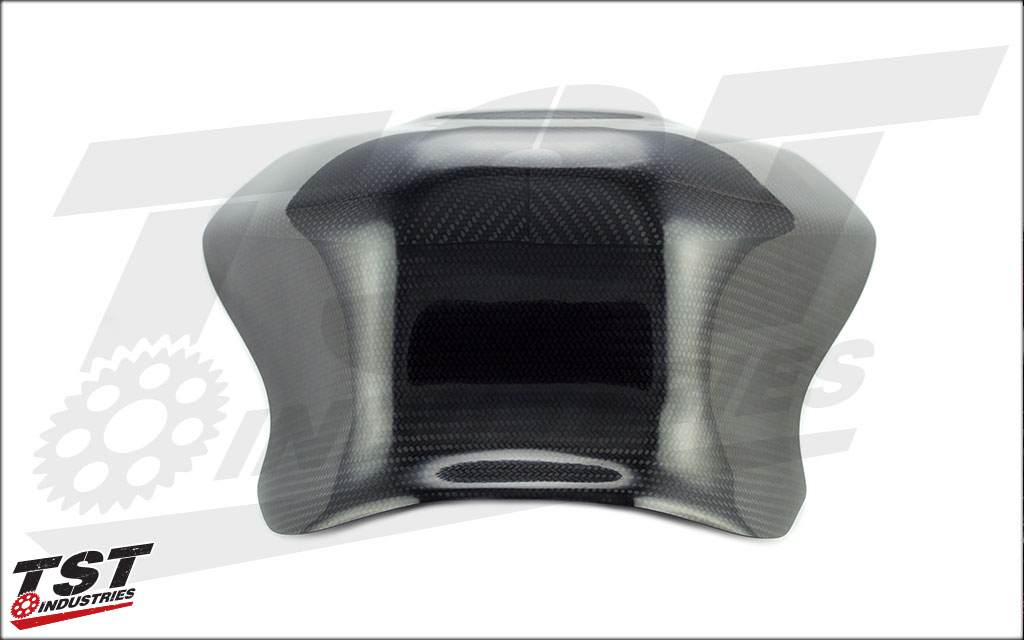 The shroud extends tank surfaces to interface ergonomically with the rider. (Version 1 Shown)
