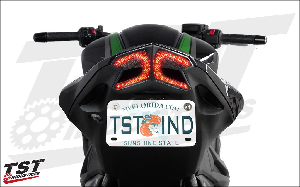TST Industries exclusive integrated taillight for the 2013-2016 Kawasaki Z800 showing the running light. 