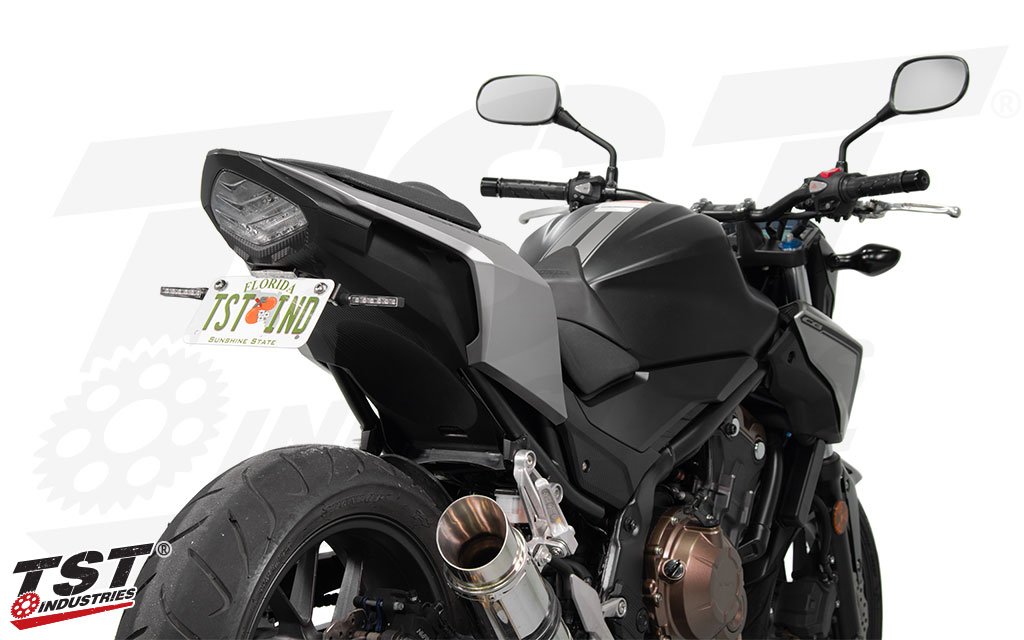 TST Standard Fender Eliminator for Honda CBR500R and CB500F. (Shown with the TST LED Pod Signal Kit and LED Low-Profile License Plate Light - sold separately)