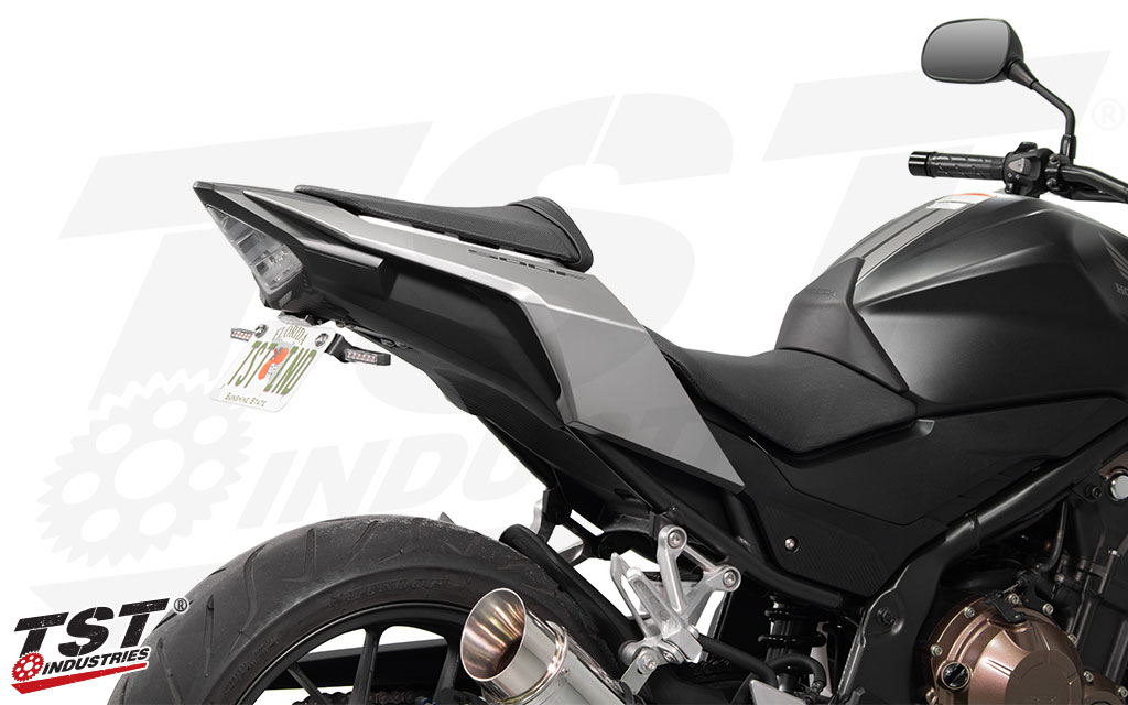 TST Standard Fender Eliminator for Honda CBR500R and CB500F. (Shown with the TST LED Pod Signal Kit and LED Low-Profile License Plate Light - sold separately)