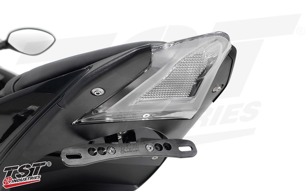 Clear TST Led Integrated Tail Light shown with the TST Elite-1 Adjustable Fender Eliminator.