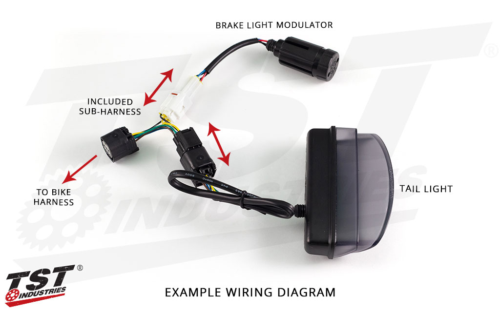 Example of how to connect the TST Brake Light Modulator using the included plug-and-play sub-harness.