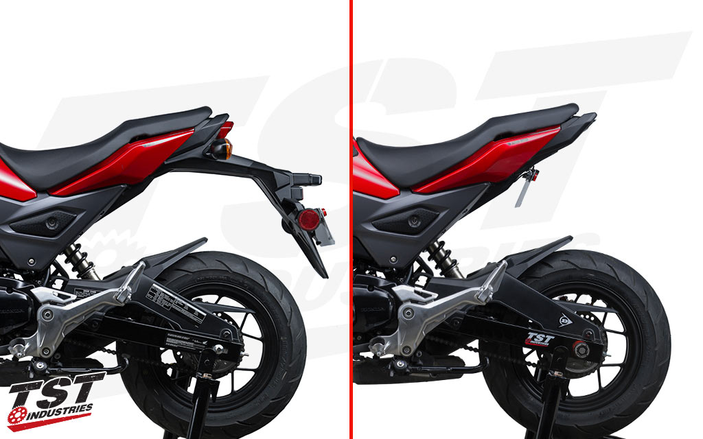 Honda Grom stock fender compared to the TST Undertail, Fender Eliminator, and LED Integrated Tail Light (fixed low mount shown).
