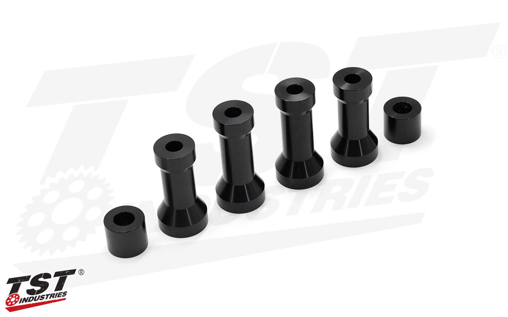 CNC machined spacers feature a durable black anodized finish for a stealth appearance.