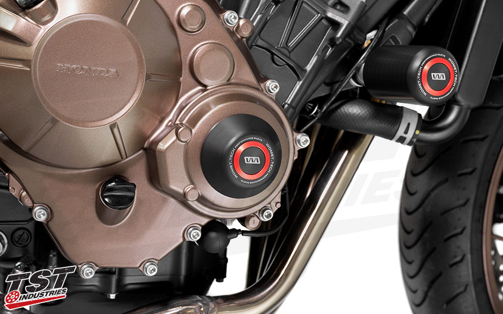 Womet-Tech Engine Cover Crash Protector installed on the 2019 Honda CB650R.