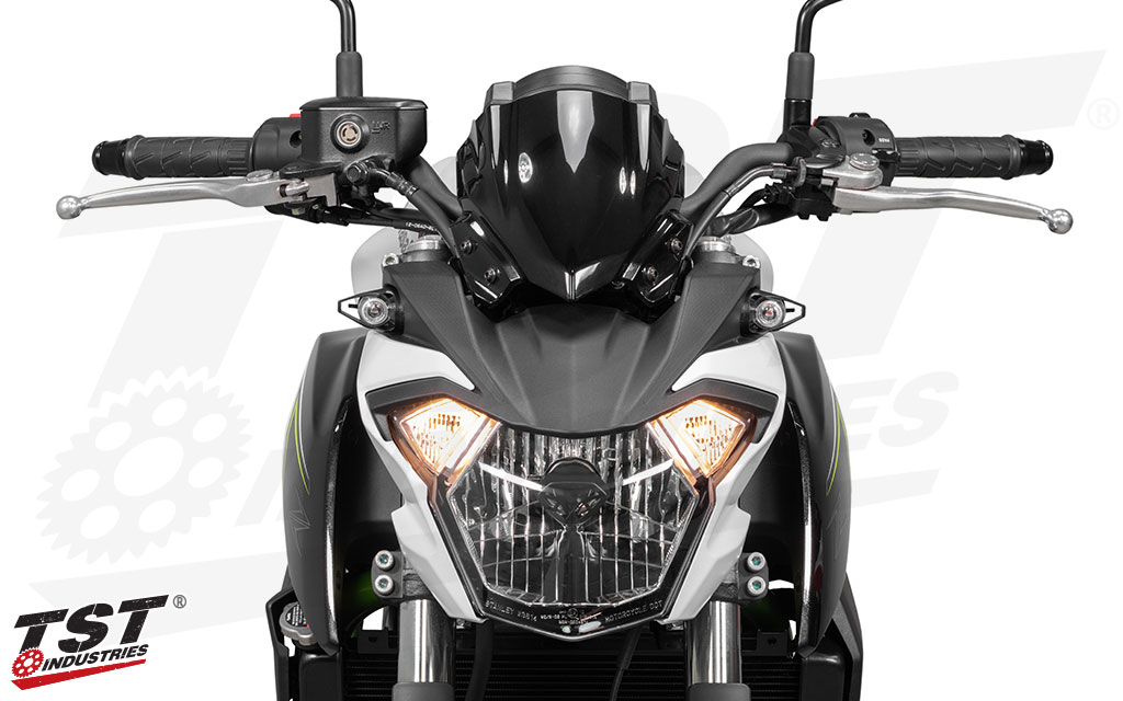 Kawasaki Z650 shown with the MECH-GTR LED Front Turn Signals without the Running Light Kit.