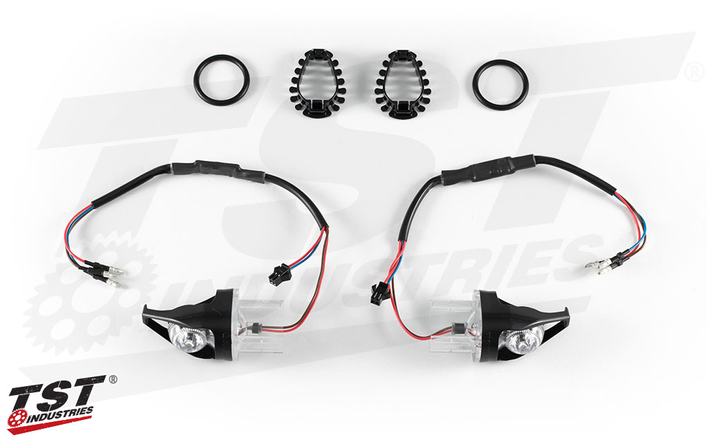 TST MECH-GTR Front LED Turn Signals for Kawasaki Z900, Z650, and Z400. Shown without running light components.