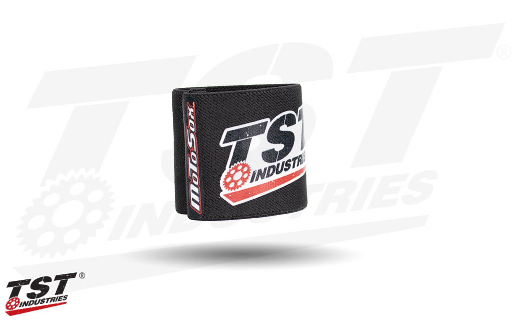 Features two TST logos on the tight knit MotoSox front brake reservoir sock.