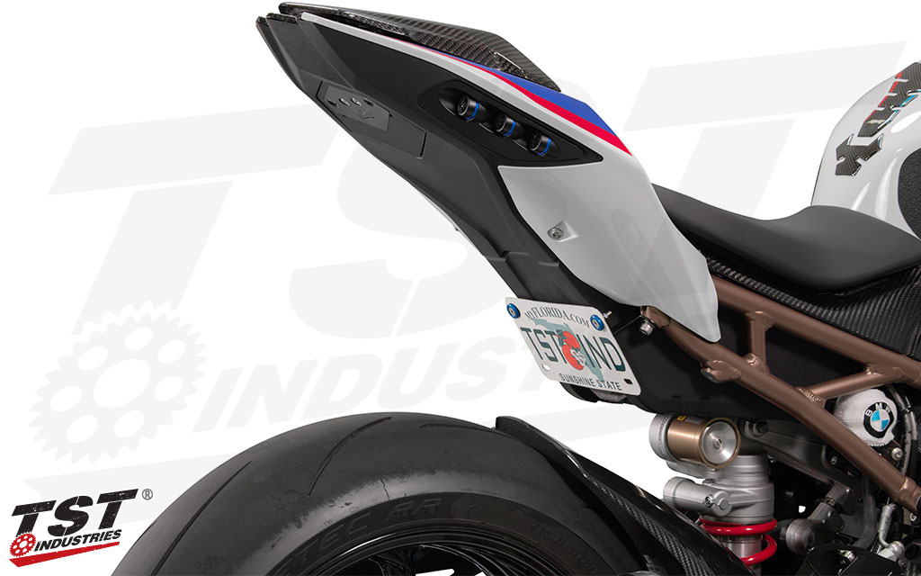 Upgrade your 2020+ BMW S1000RR by moving the license plate to a tucked, low, and non-distracting location.